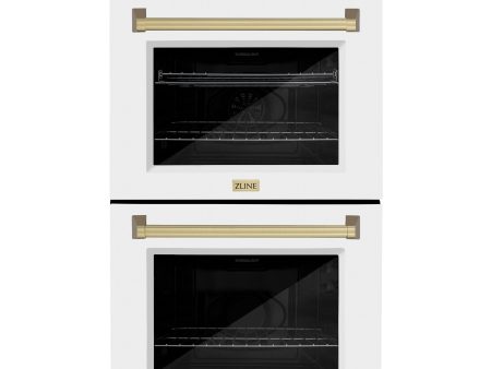 ZLINE 30 in. Autograph Edition Professional True Convection Double Wall Oven with Air Fry and Self Clean in DuraSnow  Stainless Steel with White Matte Doors and Champagne Bronze Handles (WADSZ-WM-30-CB) For Sale