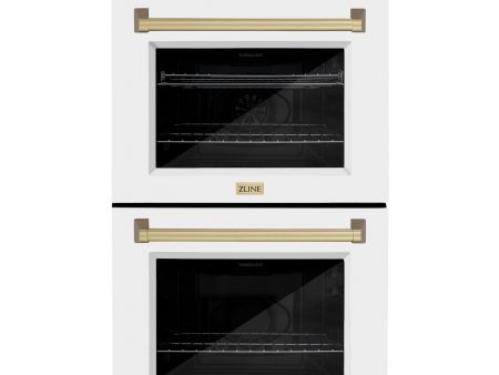 ZLINE 30 in. Autograph Edition Professional True Convection Double Wall Oven with Air Fry and Self Clean in Stainless Steel with White Matte Doors and Champagne Bronze Handles (WADZ-WM-30-CB) For Discount